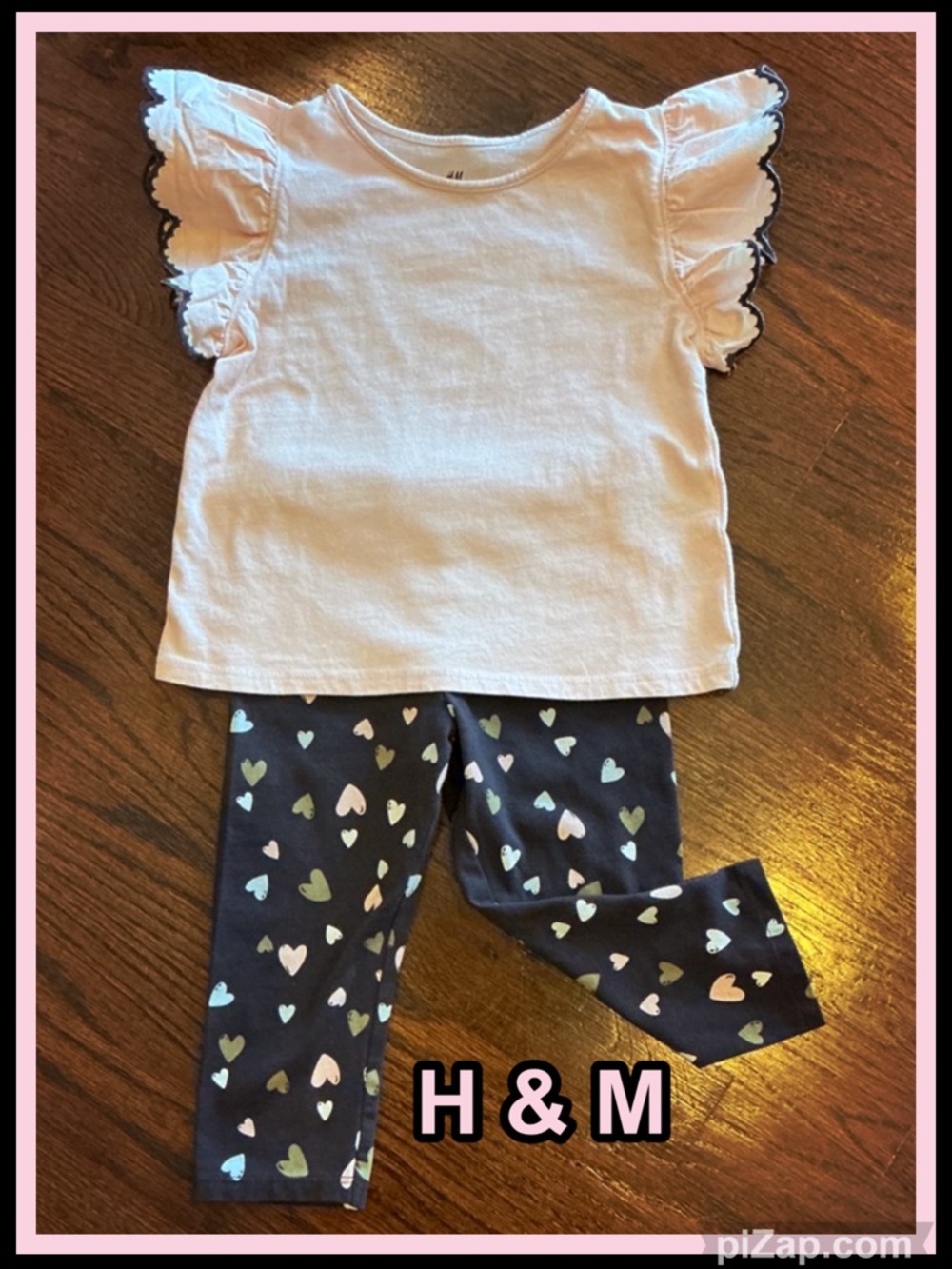 💗 H & M Flutter Sleeve Pale Pink Top & Charcoal Heart Leggings Set - Sz 3-4T